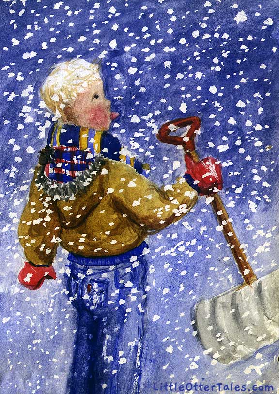 painting of a boy shovelling snow catching snowflakes on his tongue
