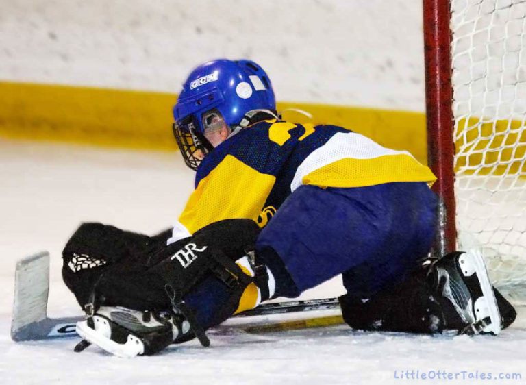 ice hockey goalie boy making save