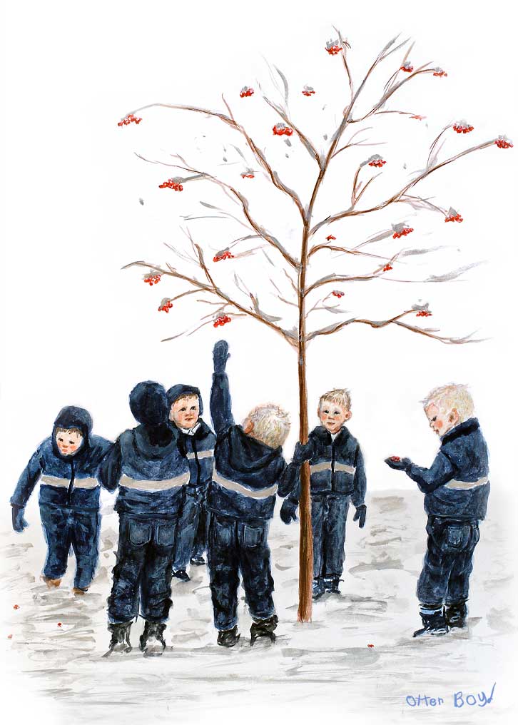 painting of Otter and friends under a tree in winter