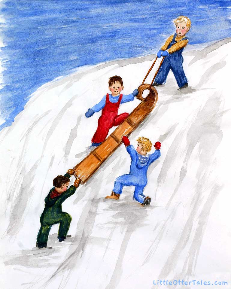 painting of boys pulling toboggan up hill