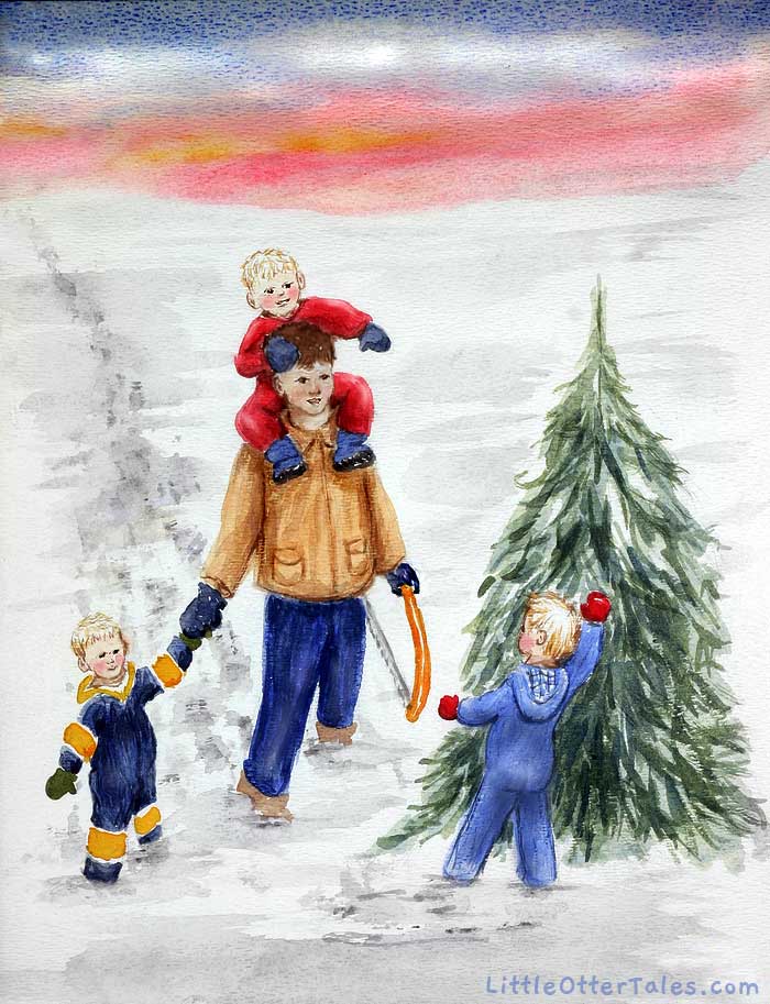 painting of dad and boys picking Christmas tree