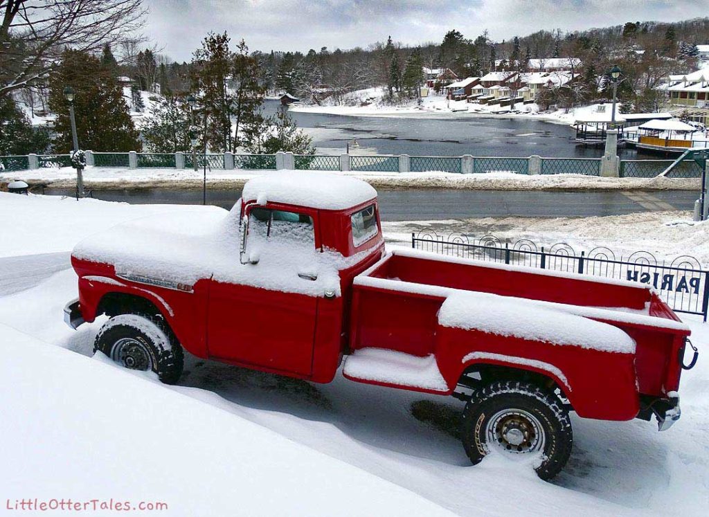 1959 red Chevrolet Apache pickup truck