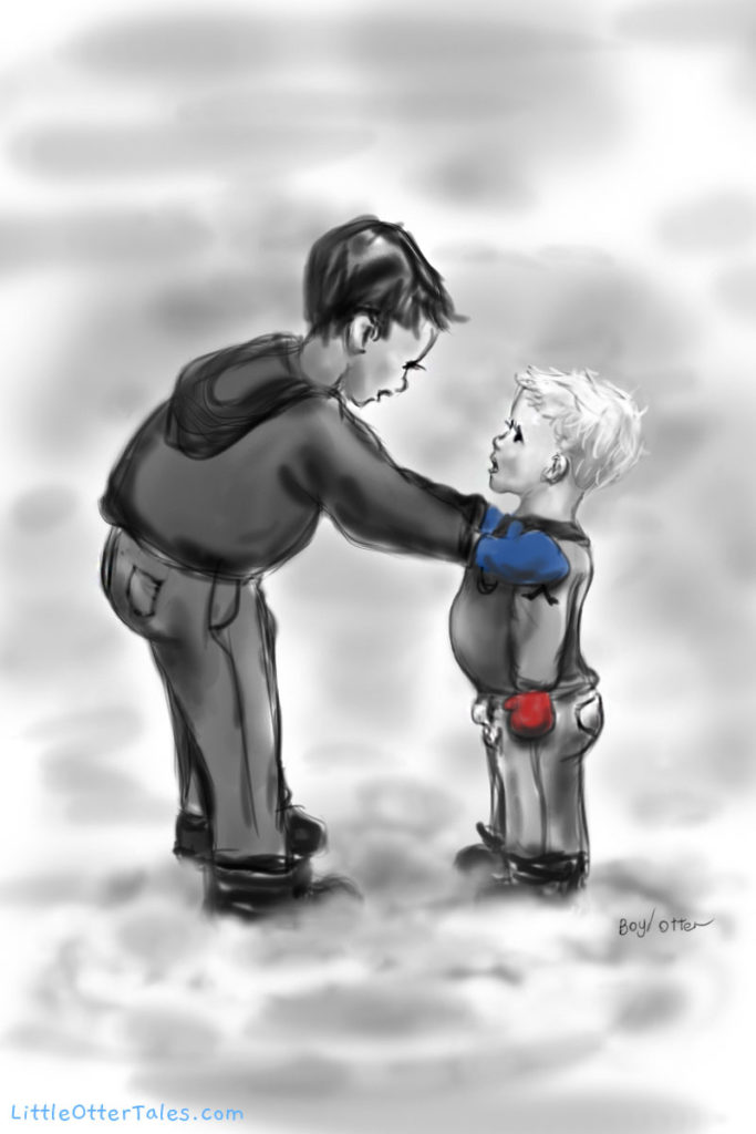 illustration of a boy talking to a little boy with hands on his shoulders