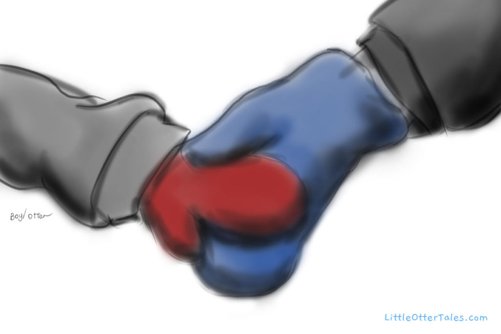 illustration of boys holding hands in red and blue mittens