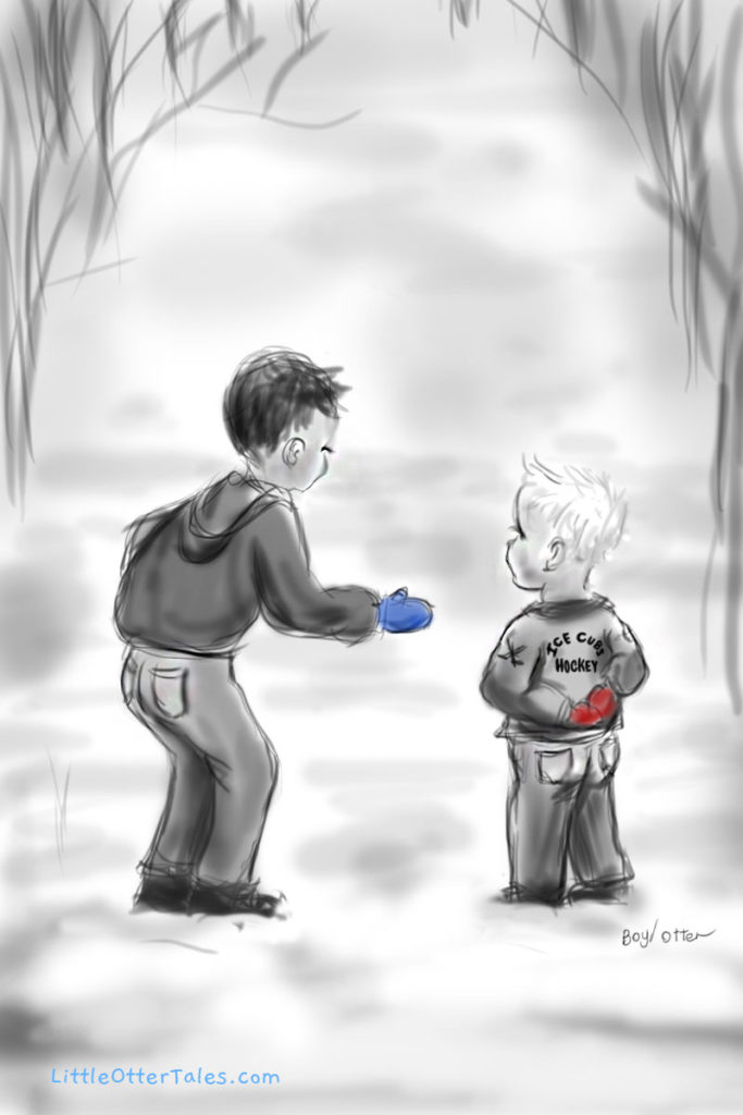 illustration of boys in the woods in winter