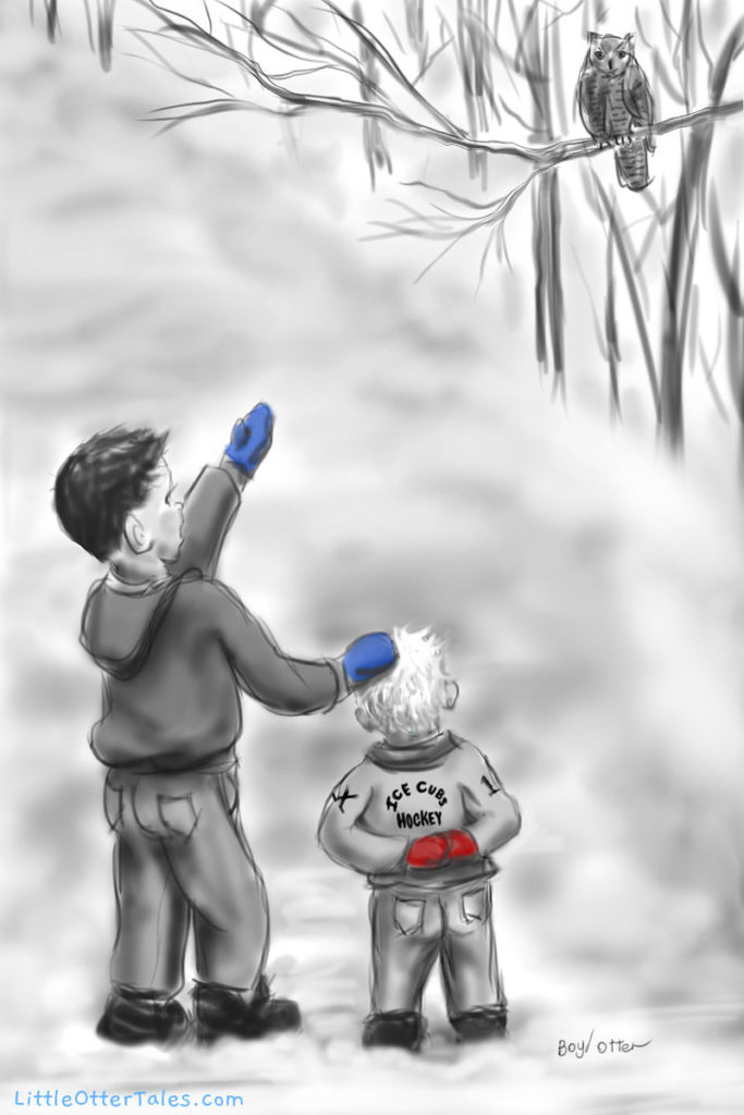 illustration of boys looking at an owl in a tree during winter hike