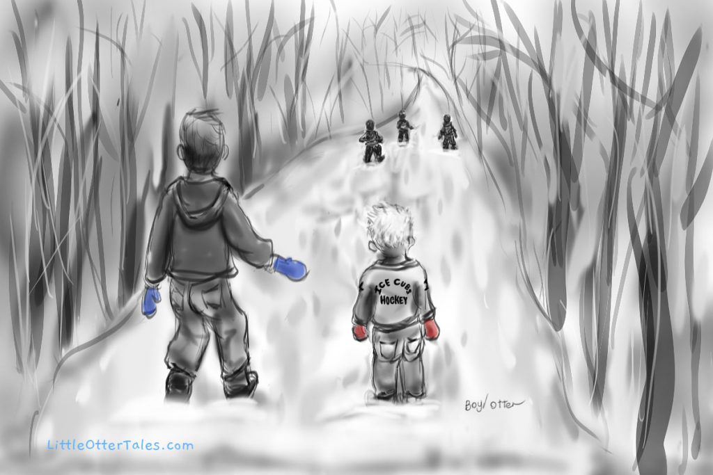 illustration of boys winter walk in the woods
