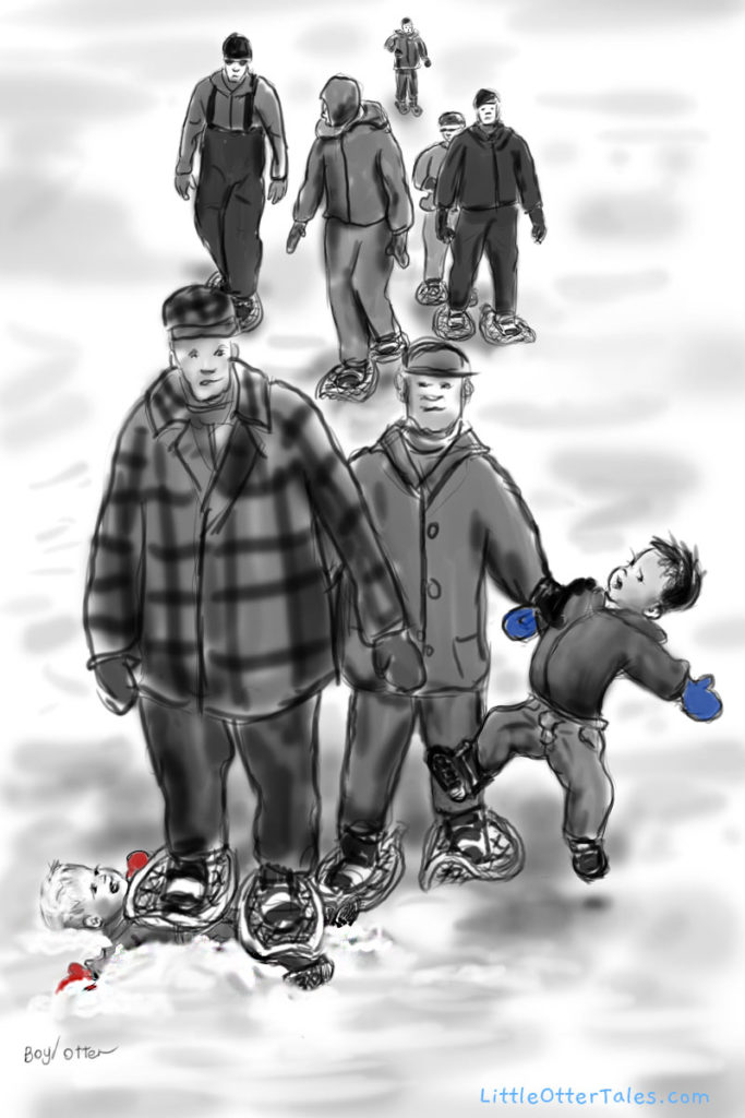 illustration of a group of snowshoe adults shoving and stepping on boys