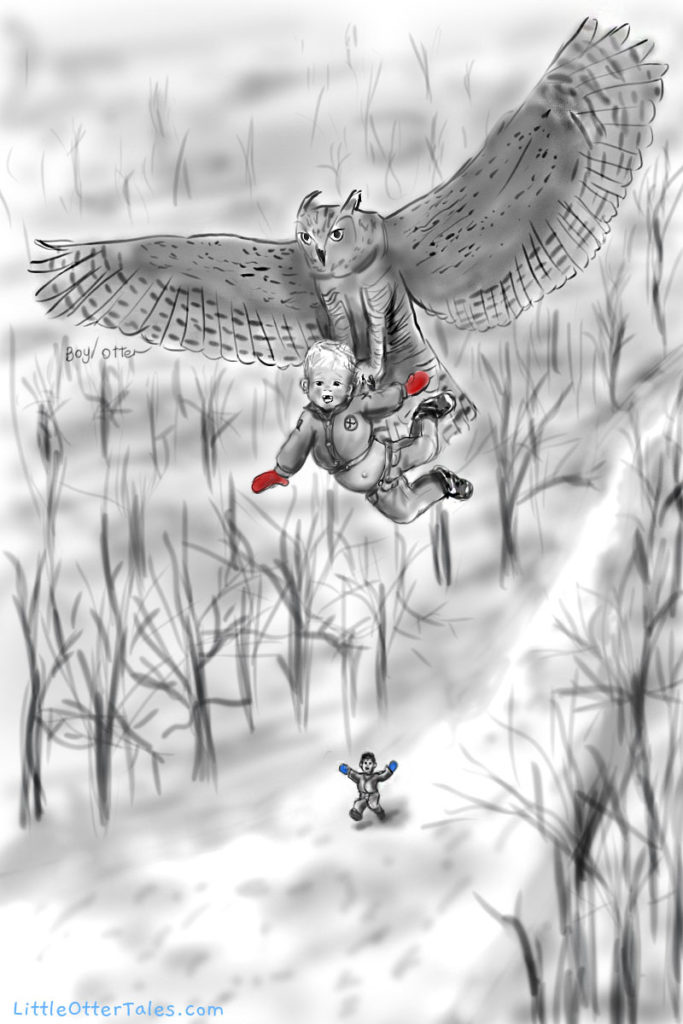 illustration of a little boy carried by an owl in flight over treetops