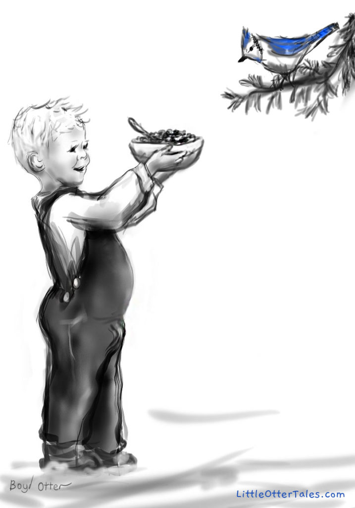 Otter illustration of a boy feeding blue jay cereal