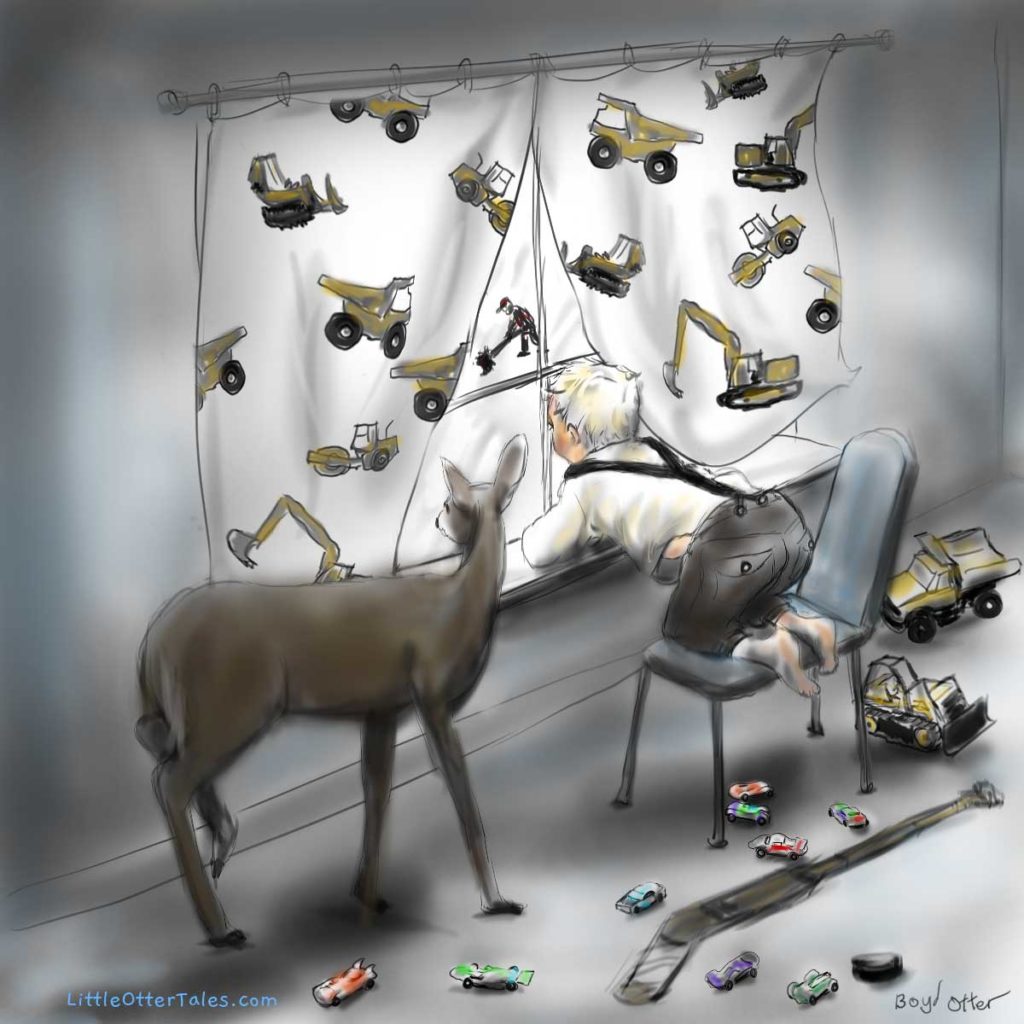 otter illustration of a boy with a deer in his bedroom