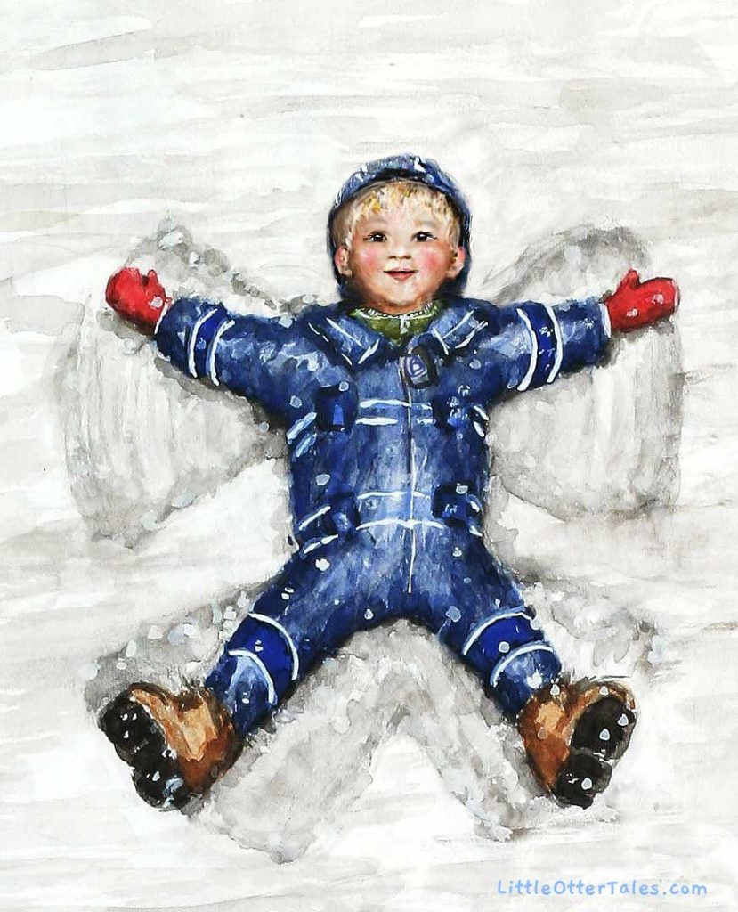 painting of a boy making a snow angel