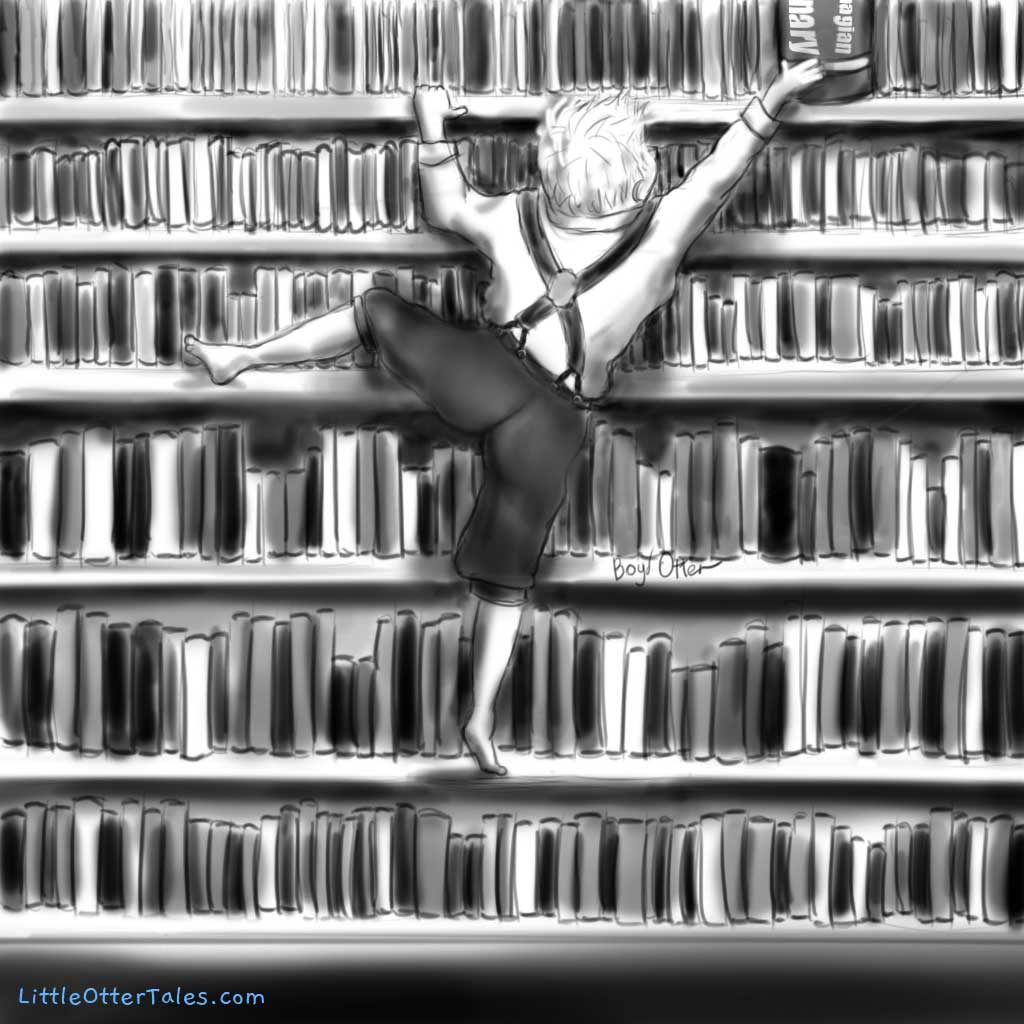 illustration of a little boy climbing a library bookcase